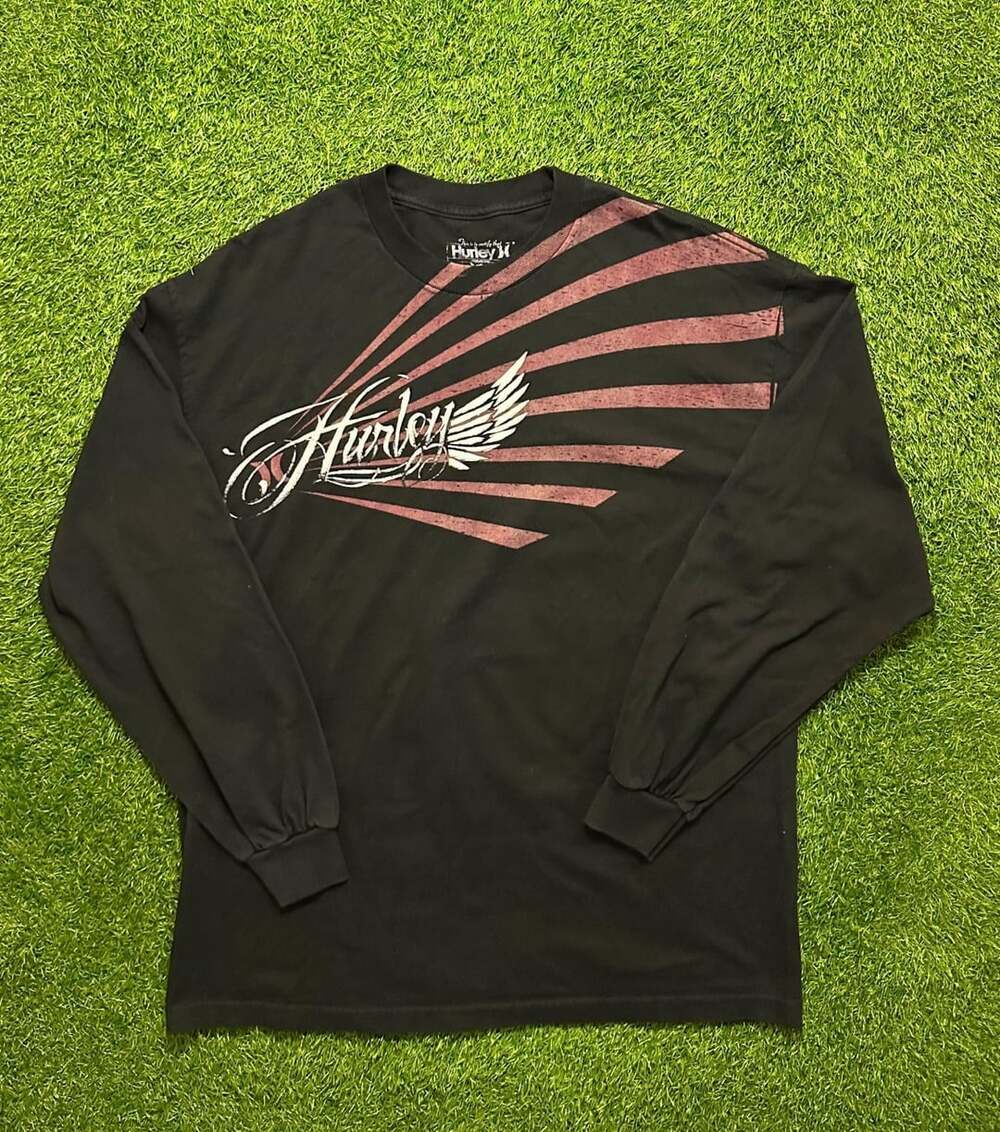 Vintage Y2K Hurley Black Long Sleeve Graphic T-Shirt with Wing Logo